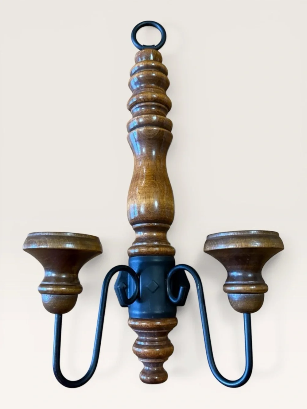 Vintage Homco Home Interiors Wood & Black Iron Double Candle Sconce